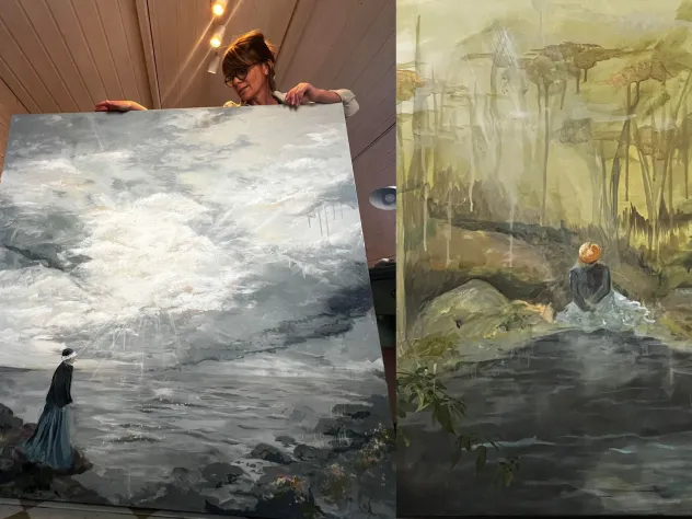 Målningar från Anna Lind Bengtssons utställning "Maja" med inspiration från Stormskärs Maja.