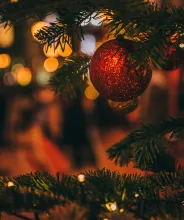 Röd julgranskula på julgran, photo by Szabo Viktor on Unsplash.