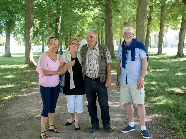 Fyra pensionärer på promenad i den lummiga lindallén i Mariehamn.