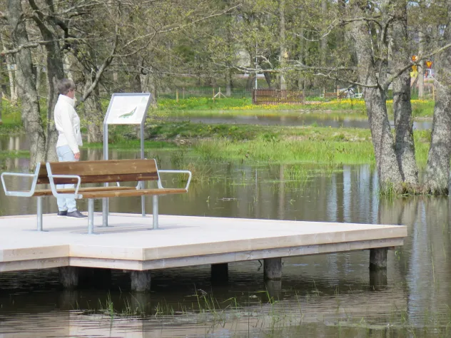 Kvinna vid bänkarna vid Nabbens våtmark i Mariehamn.