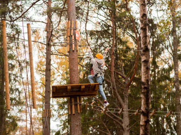 Barn som klättar vid äventyrsbanan Flow Park på hösten.