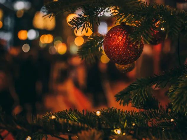 Röd julgranskula på julgran, photo by Szabo Viktor on Unsplash.