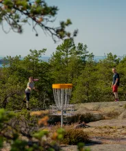 Två killar spelar discgolf på Åland