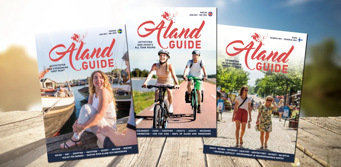 Collage med pärmbilder för turistbroschyren Åland Guide 2021.