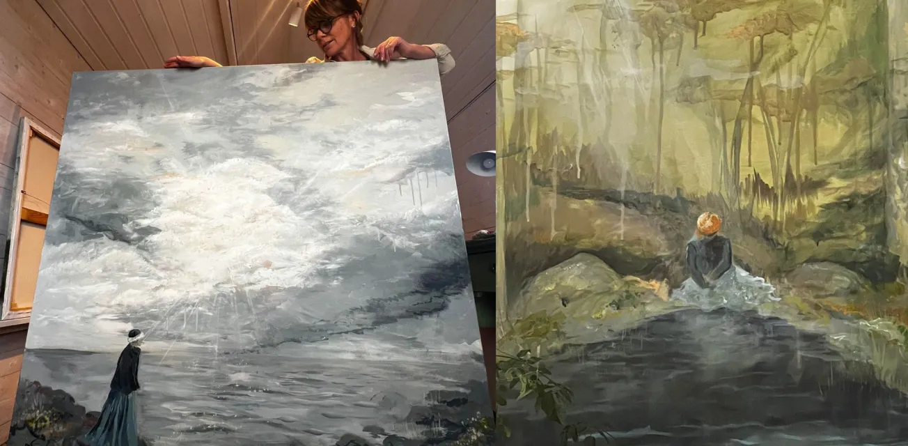 Målningar från Anna Lind Bengtssons utställning "Maja" med inspiration från Stormskärs Maja.