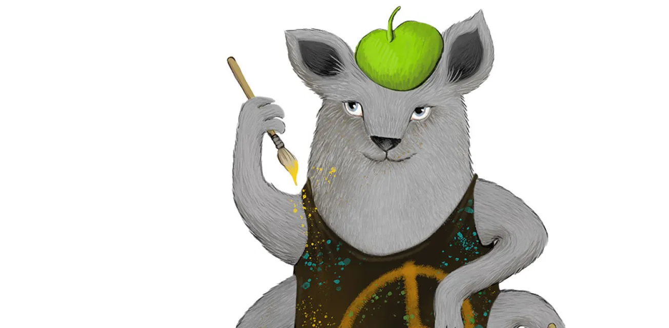 Ålands konstmuseums maskot Busis, illustration av Amanda Chanfreau.