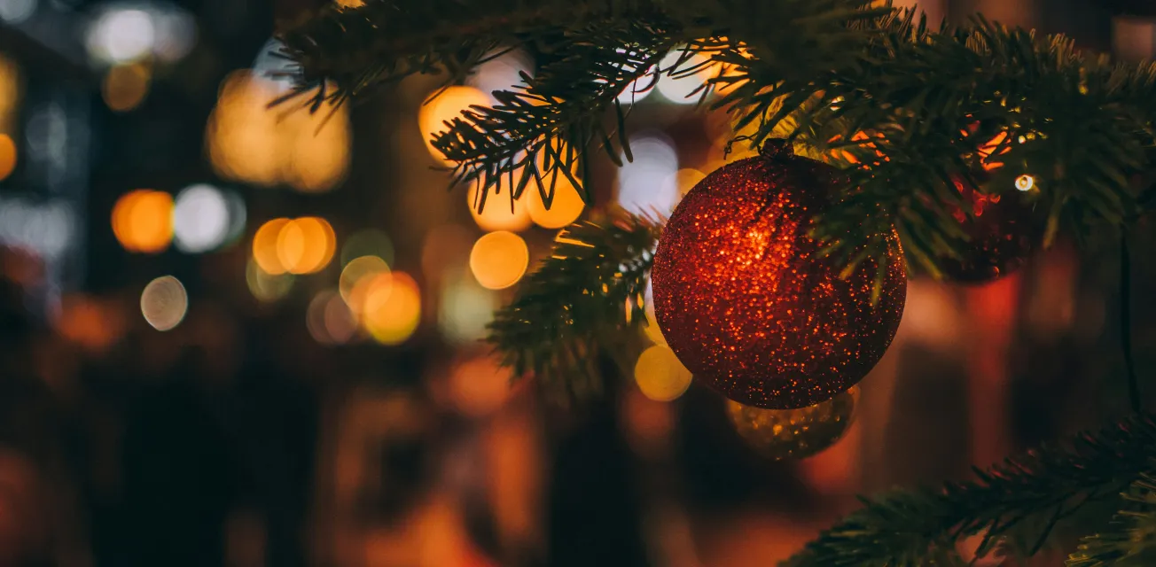 Röd julgranskula på julgran, photo by Szabo Viktor on Unsplash.
