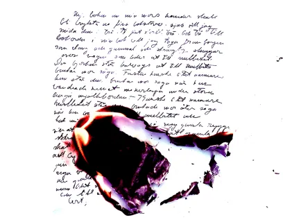 Illustration för teatermonologen Eldtände med ett brinnande papper fyllt med text.