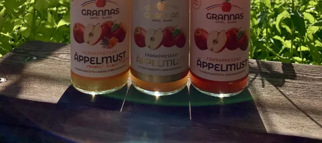 grannas äppelmust, tre flaskor i solskenet