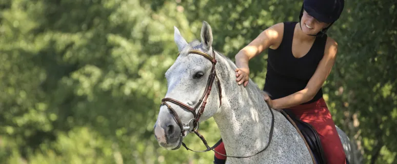 Kvinna som rider på en vit häst i skogen på sommaren.