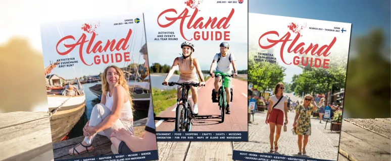 Collage med pärmbilder för turistbroschyren Åland Guide 2021.